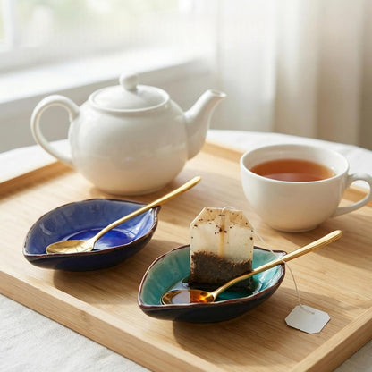 2-Pack Leaf Ice-Cracked Ceramic Coffee Spoon Rest & Tea Bag Holder with 2 Gold Spoons - Small Teabag Saucer for Coffee Bar Accessories - Cute Dipping Sauce Dish & Stirring Spoon Holder Set