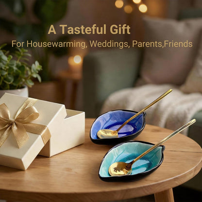 2-Pack Leaf Ice-Cracked Ceramic Coffee Spoon Rest & Tea Bag Holder with 2 Gold Spoons - Small Teabag Saucer for Coffee Bar Accessories - Cute Dipping Sauce Dish & Stirring Spoon Holder Set