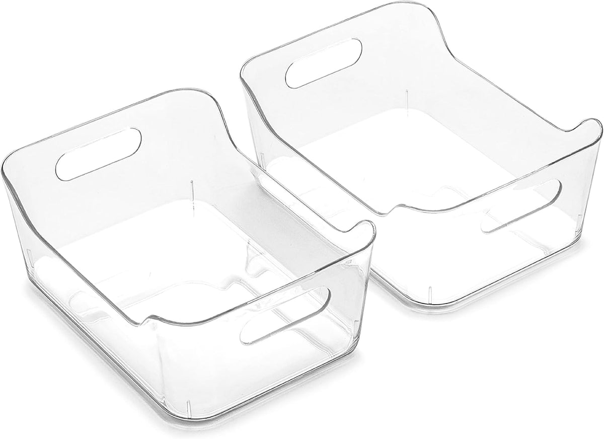 Plastic Storage Bins, Large - 2 Pack, Clear | THE SOHO COLLECTION | Pantry Organizers and Storage Containers | Fridge Organizer Bins | Kitchen Cabinet Organizer | Medicine Cabinet Bin