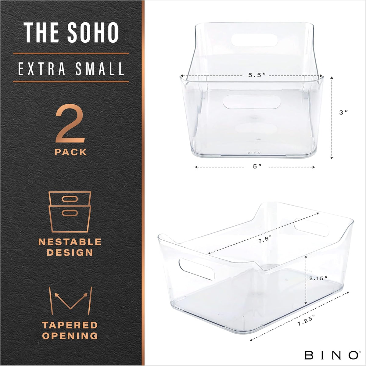 Plastic Storage Bins, Large - 2 Pack, Clear | THE SOHO COLLECTION | Pantry Organizers and Storage Containers | Fridge Organizer Bins | Kitchen Cabinet Organizer | Medicine Cabinet Bin