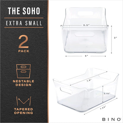 Plastic Storage Bins, Large - 2 Pack, Clear | THE SOHO COLLECTION | Pantry Organizers and Storage Containers | Fridge Organizer Bins | Kitchen Cabinet Organizer | Medicine Cabinet Bin
