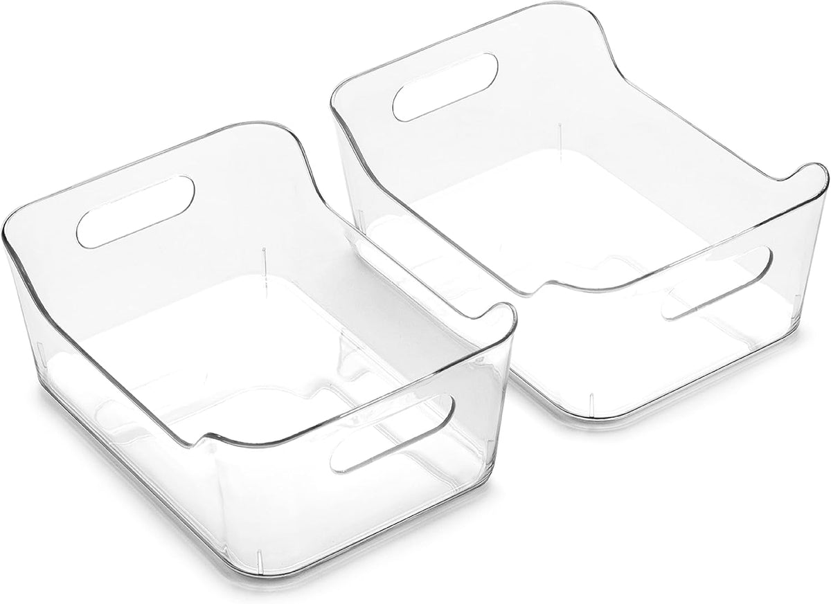 Plastic Storage Bins, Large - 2 Pack, Clear | THE SOHO COLLECTION | Pantry Organizers and Storage Containers | Fridge Organizer Bins | Kitchen Cabinet Organizer | Medicine Cabinet Bin