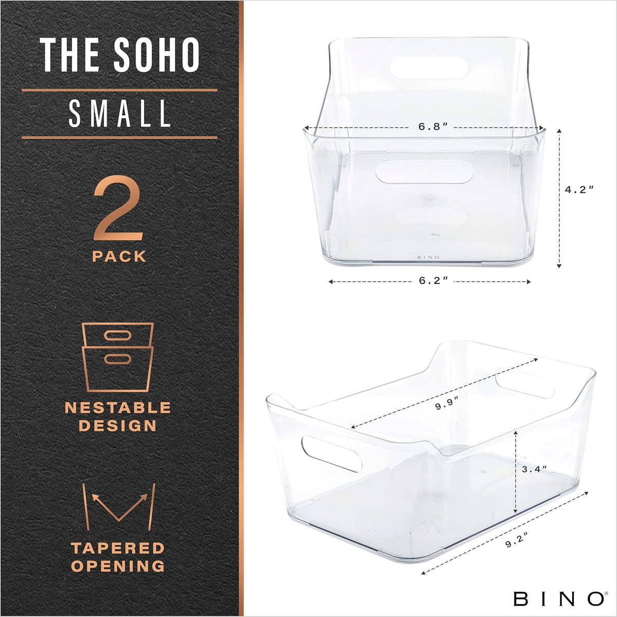 Plastic Storage Bins, Large - 2 Pack, Clear | THE SOHO COLLECTION | Pantry Organizers and Storage Containers | Fridge Organizer Bins | Kitchen Cabinet Organizer | Medicine Cabinet Bin