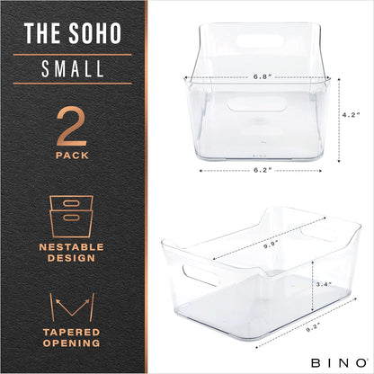 Plastic Storage Bins, Large - 2 Pack, Clear | THE SOHO COLLECTION | Pantry Organizers and Storage Containers | Fridge Organizer Bins | Kitchen Cabinet Organizer | Medicine Cabinet Bin