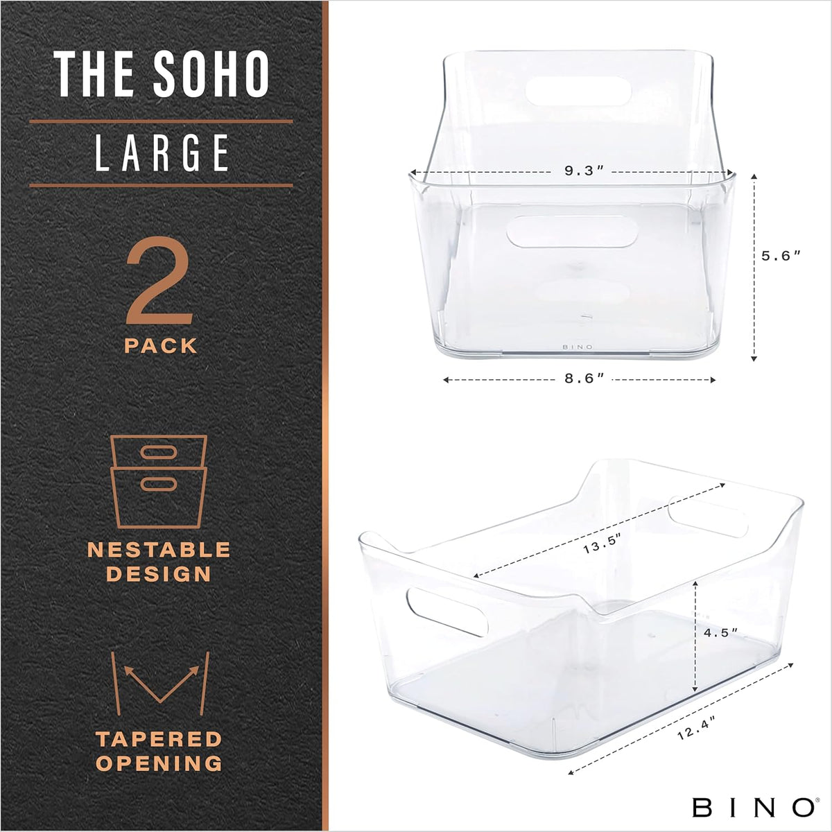 Plastic Storage Bins, Large - 2 Pack, Clear | THE SOHO COLLECTION | Pantry Organizers and Storage Containers | Fridge Organizer Bins | Kitchen Cabinet Organizer | Medicine Cabinet Bin