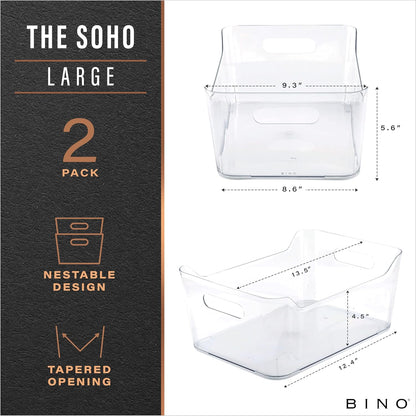 Plastic Storage Bins, Large - 2 Pack, Clear | THE SOHO COLLECTION | Pantry Organizers and Storage Containers | Fridge Organizer Bins | Kitchen Cabinet Organizer | Medicine Cabinet Bin
