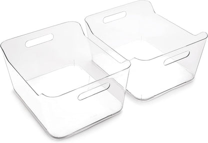 Plastic Storage Bins, Large - 2 Pack, Clear | THE SOHO COLLECTION | Pantry Organizers and Storage Containers | Fridge Organizer Bins | Kitchen Cabinet Organizer | Medicine Cabinet Bin