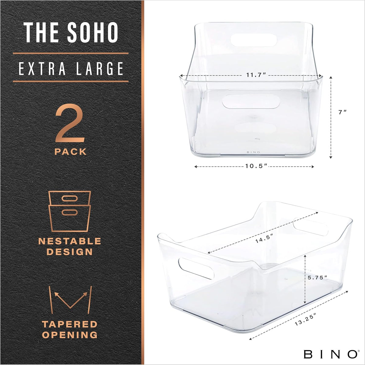 Plastic Storage Bins, Large - 2 Pack, Clear | THE SOHO COLLECTION | Pantry Organizers and Storage Containers | Fridge Organizer Bins | Kitchen Cabinet Organizer | Medicine Cabinet Bin