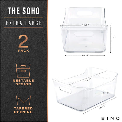 Plastic Storage Bins, Large - 2 Pack, Clear | THE SOHO COLLECTION | Pantry Organizers and Storage Containers | Fridge Organizer Bins | Kitchen Cabinet Organizer | Medicine Cabinet Bin
