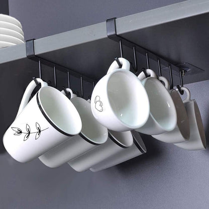 AliCH 2pcs Mug Hooks Under Cabinet Mug Holder Rack,Nail Free Adhesive Coffee Cups Holder Hanger for Cups/Kitchen Utensils/Ties Belts/Scarf/Keys Storage, Fit for 0.8inch Thickness Shelf or Less (Black)