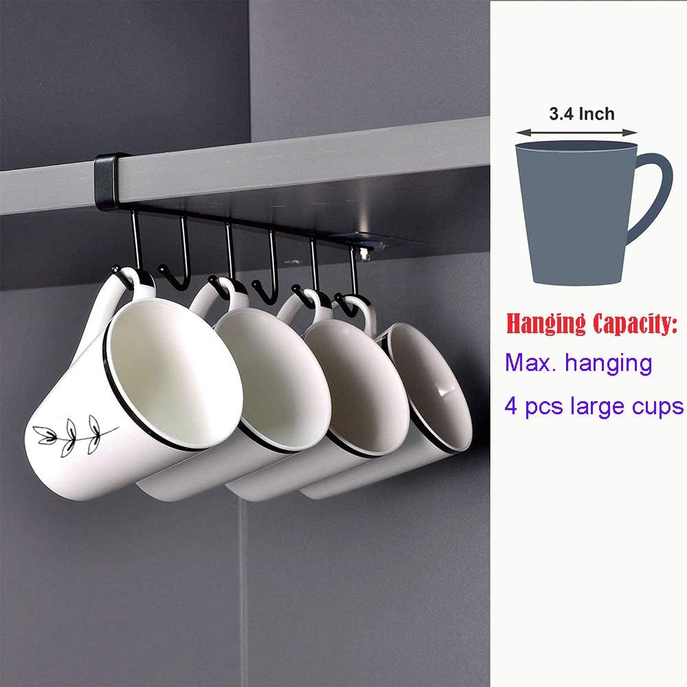 AliCH 2pcs Mug Hooks Under Cabinet Mug Holder Rack,Nail Free Adhesive Coffee Cups Holder Hanger for Cups/Kitchen Utensils/Ties Belts/Scarf/Keys Storage, Fit for 0.8inch Thickness Shelf or Less (Black)