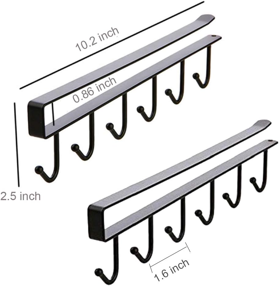 AliCH 2pcs Mug Hooks Under Cabinet Mug Holder Rack,Nail Free Adhesive Coffee Cups Holder Hanger for Cups/Kitchen Utensils/Ties Belts/Scarf/Keys Storage, Fit for 0.8inch Thickness Shelf or Less (Black)