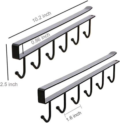 AliCH 2pcs Mug Hooks Under Cabinet Mug Holder Rack,Nail Free Adhesive Coffee Cups Holder Hanger for Cups/Kitchen Utensils/Ties Belts/Scarf/Keys Storage, Fit for 0.8inch Thickness Shelf or Less (Black)