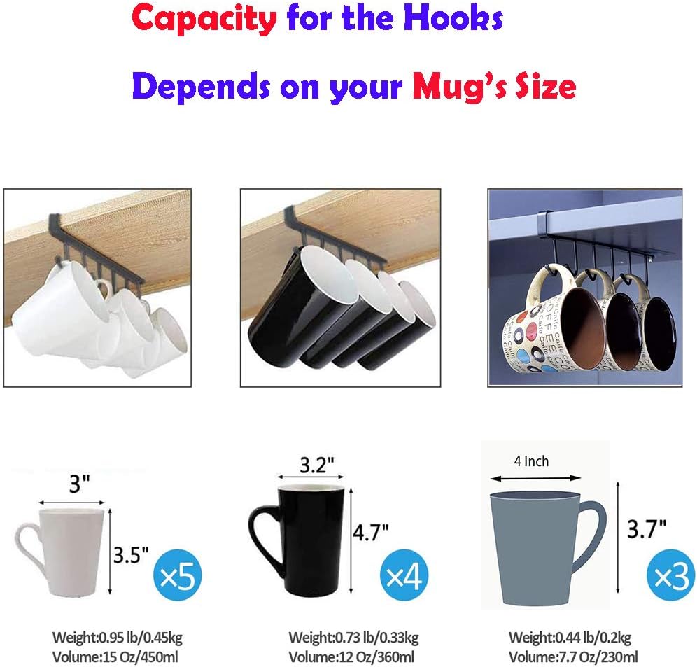 AliCH 2pcs Mug Hooks Under Cabinet Mug Holder Rack,Nail Free Adhesive Coffee Cups Holder Hanger for Cups/Kitchen Utensils/Ties Belts/Scarf/Keys Storage, Fit for 0.8inch Thickness Shelf or Less (Black)