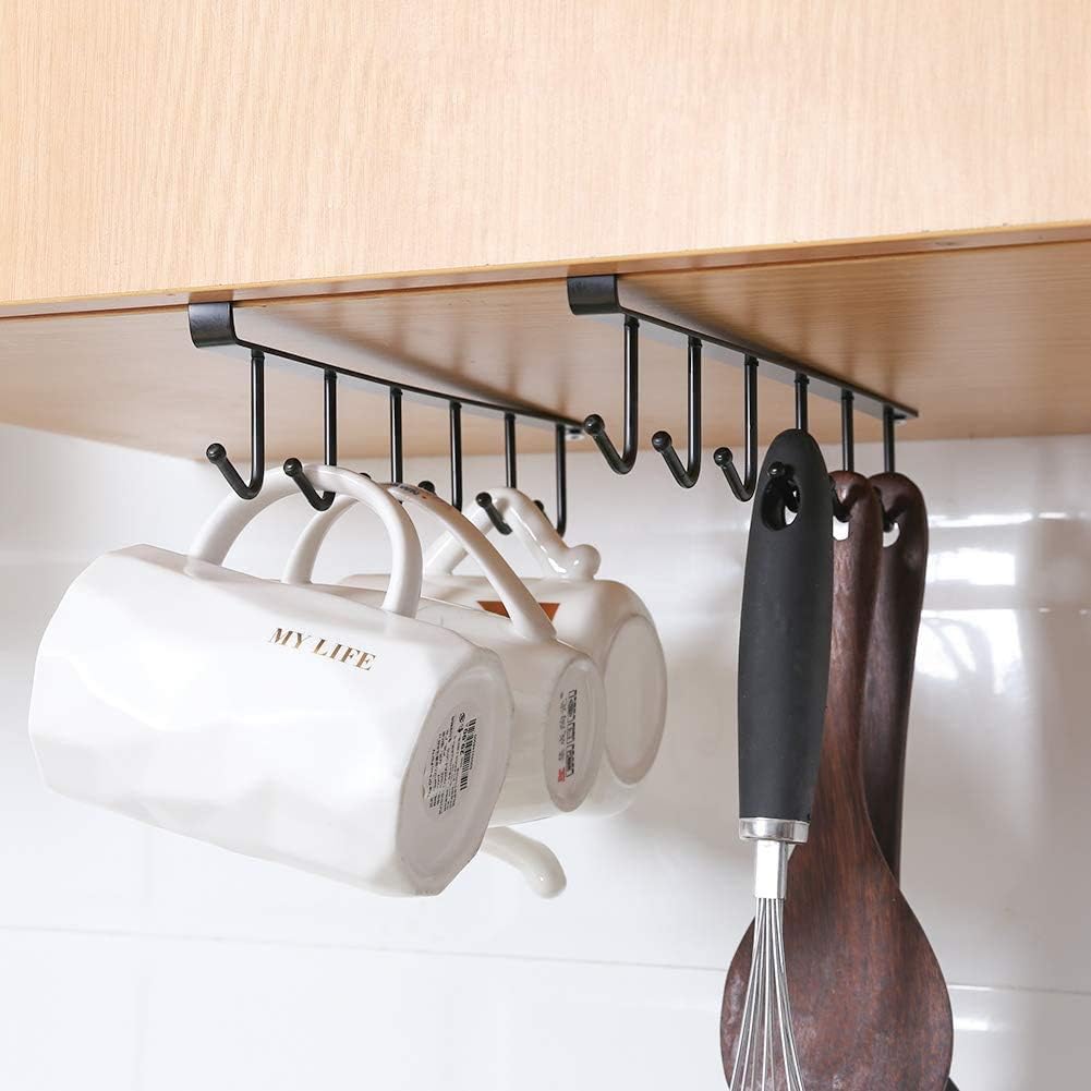 AliCH 2pcs Mug Hooks Under Cabinet Mug Holder Rack,Nail Free Adhesive Coffee Cups Holder Hanger for Cups/Kitchen Utensils/Ties Belts/Scarf/Keys Storage, Fit for 0.8inch Thickness Shelf or Less (Black)