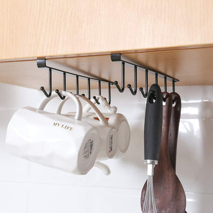 AliCH 2pcs Mug Hooks Under Cabinet Mug Holder Rack,Nail Free Adhesive Coffee Cups Holder Hanger for Cups/Kitchen Utensils/Ties Belts/Scarf/Keys Storage, Fit for 0.8inch Thickness Shelf or Less (Black)