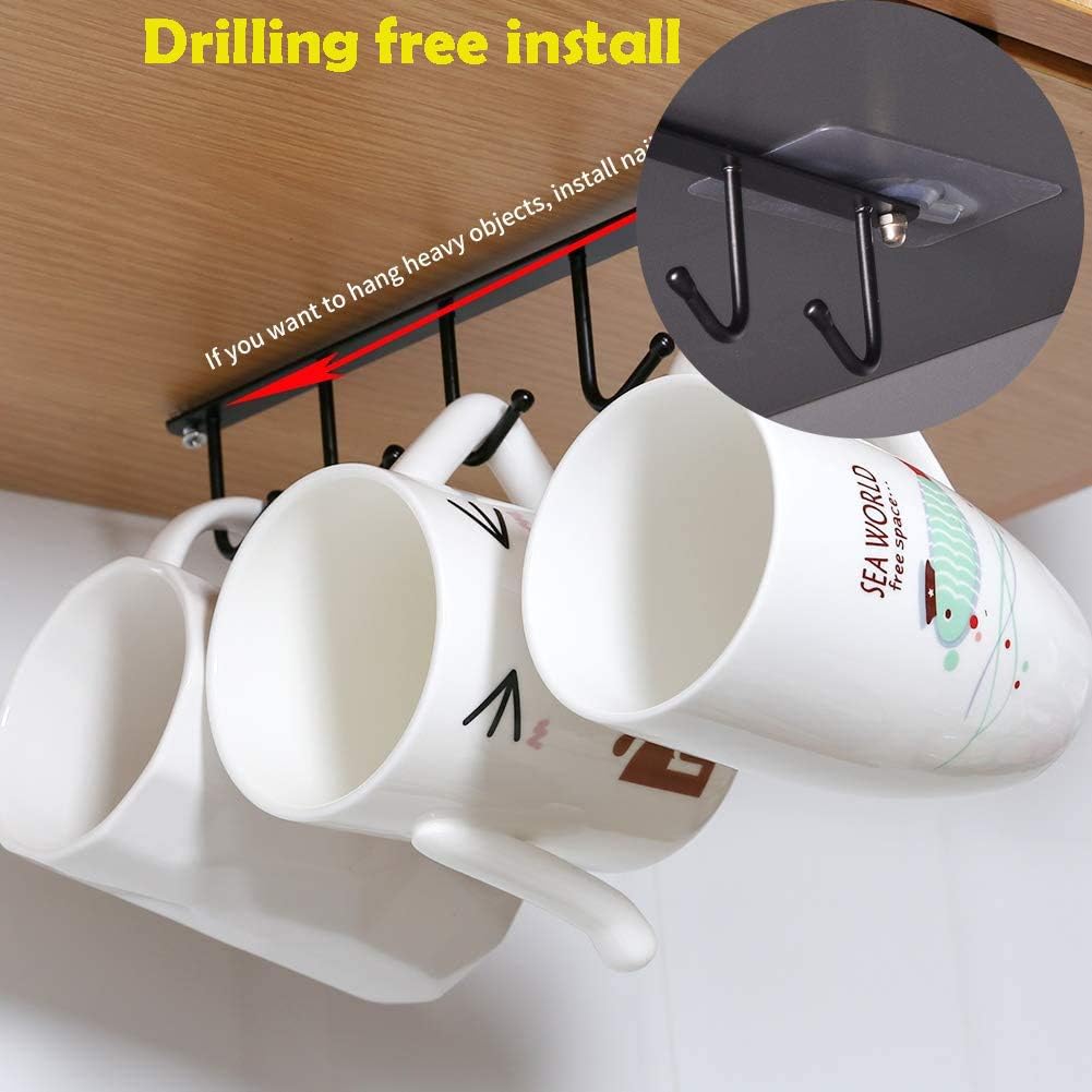 AliCH 2pcs Mug Hooks Under Cabinet Mug Holder Rack,Nail Free Adhesive Coffee Cups Holder Hanger for Cups/Kitchen Utensils/Ties Belts/Scarf/Keys Storage, Fit for 0.8inch Thickness Shelf or Less (Black)