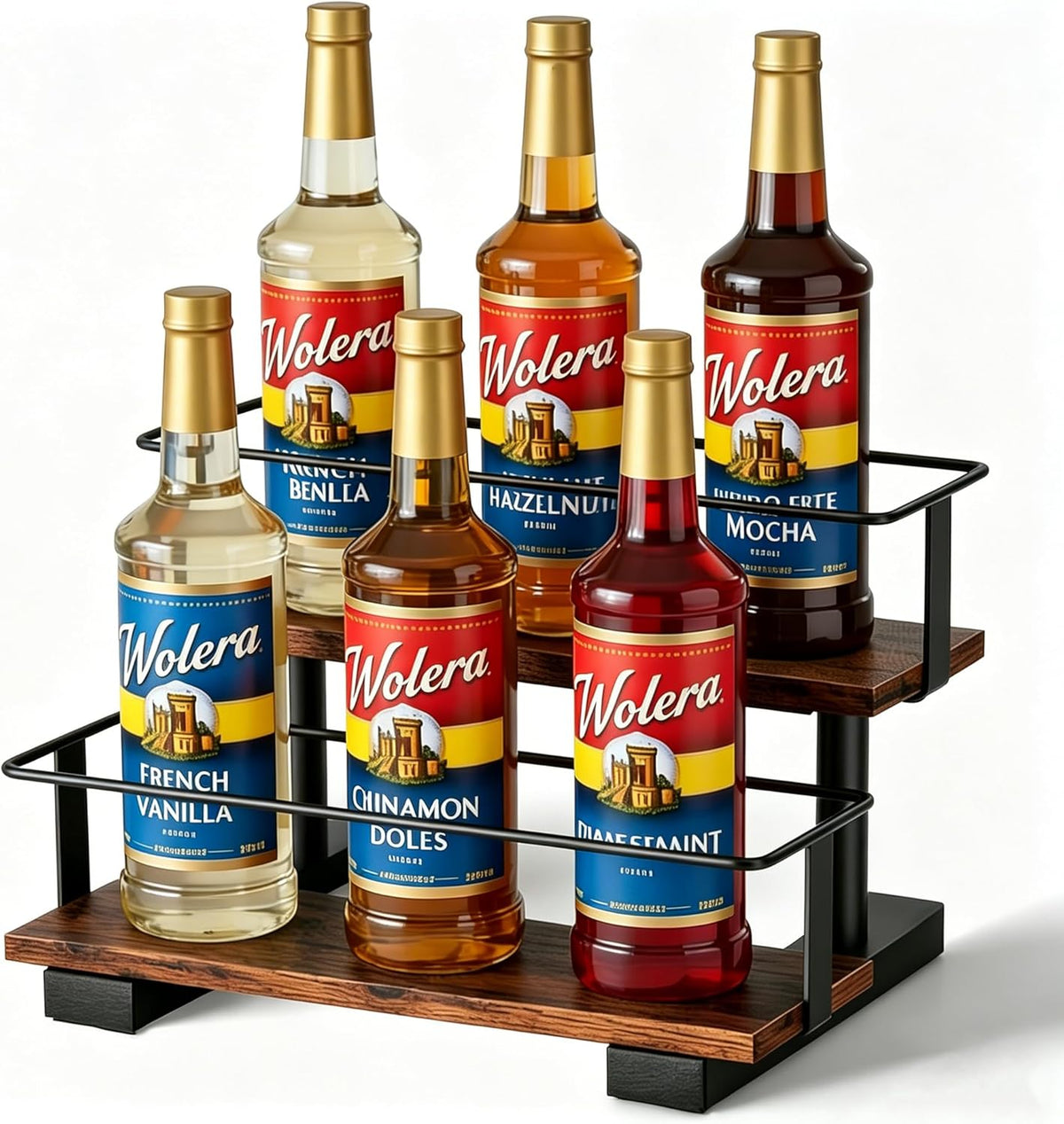 3-Tier Coffee Syrup Organizer Rack – Holds 12 Syrup Bottles, Stepped Display Shelf for Coffee Bar, Liquor Bottles, Spice Jars & Extracts, Space-Saving Kitchen Counter Storage, Rustic Wood & Metal