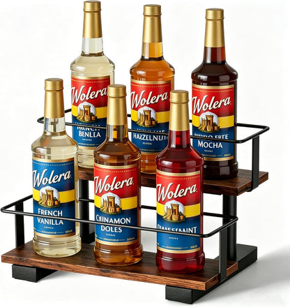 3-Tier Coffee Syrup Organizer Rack – Holds 12 Syrup Bottles, Stepped Display Shelf for Coffee Bar, Liquor Bottles, Spice Jars & Extracts, Space-Saving Kitchen Counter Storage, Rustic Wood & Metal