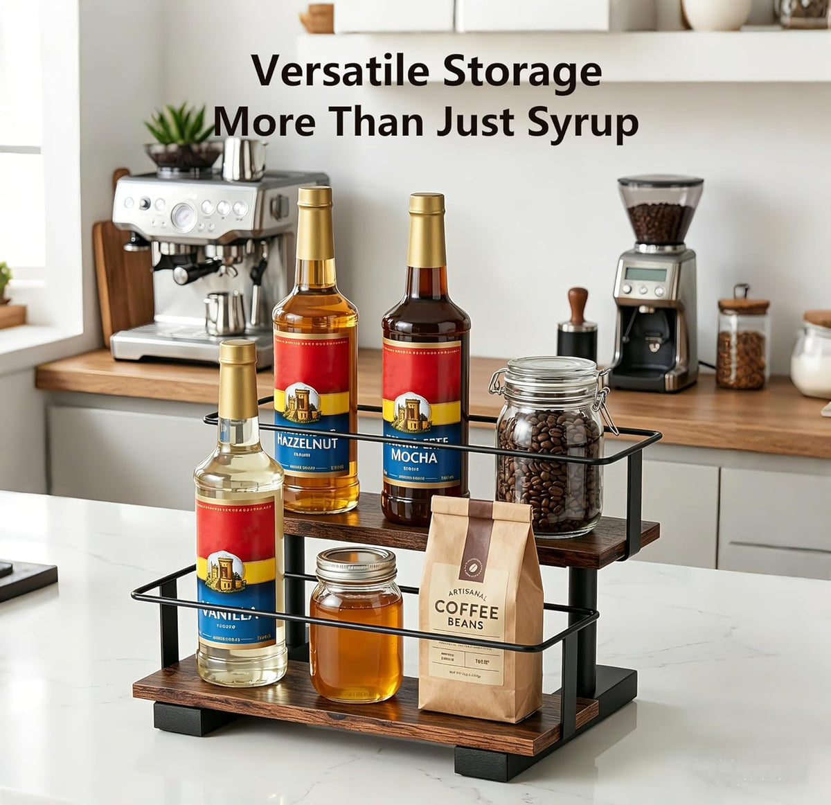 3-Tier Coffee Syrup Organizer Rack – Holds 12 Syrup Bottles, Stepped Display Shelf for Coffee Bar, Liquor Bottles, Spice Jars & Extracts, Space-Saving Kitchen Counter Storage, Rustic Wood & Metal
