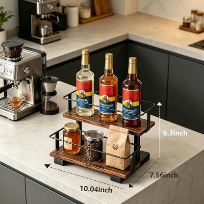 3-Tier Coffee Syrup Organizer Rack – Holds 12 Syrup Bottles, Stepped Display Shelf for Coffee Bar, Liquor Bottles, Spice Jars & Extracts, Space-Saving Kitchen Counter Storage, Rustic Wood & Metal