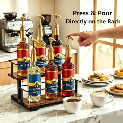 3-Tier Coffee Syrup Organizer Rack – Holds 12 Syrup Bottles, Stepped Display Shelf for Coffee Bar, Liquor Bottles, Spice Jars & Extracts, Space-Saving Kitchen Counter Storage, Rustic Wood & Metal
