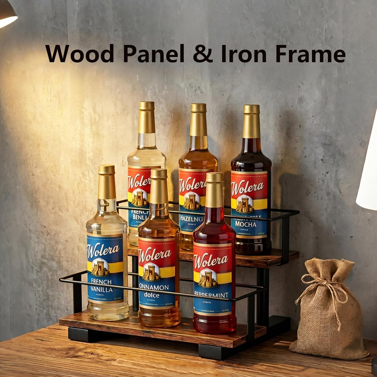 3-Tier Coffee Syrup Organizer Rack – Holds 12 Syrup Bottles, Stepped Display Shelf for Coffee Bar, Liquor Bottles, Spice Jars & Extracts, Space-Saving Kitchen Counter Storage, Rustic Wood & Metal