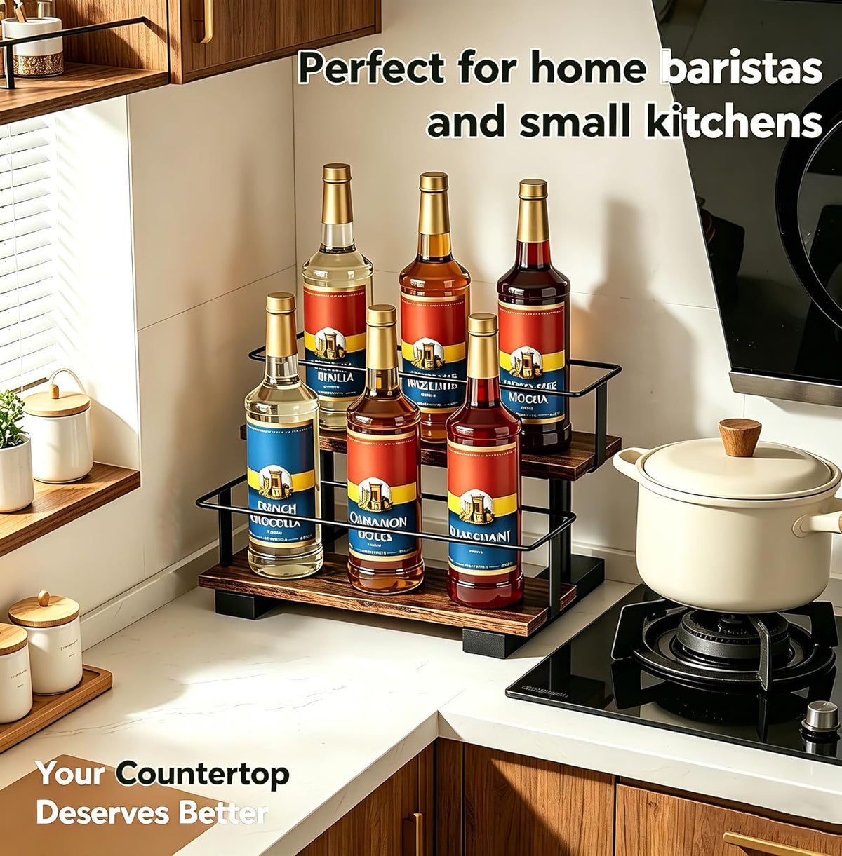 3-Tier Coffee Syrup Organizer Rack – Holds 12 Syrup Bottles, Stepped Display Shelf for Coffee Bar, Liquor Bottles, Spice Jars & Extracts, Space-Saving Kitchen Counter Storage, Rustic Wood & Metal