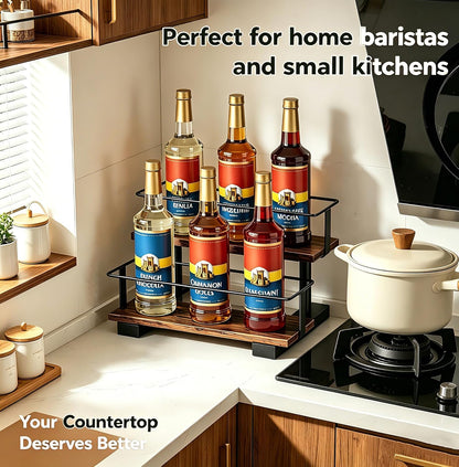 3-Tier Coffee Syrup Organizer Rack – Holds 12 Syrup Bottles, Stepped Display Shelf for Coffee Bar, Liquor Bottles, Spice Jars & Extracts, Space-Saving Kitchen Counter Storage, Rustic Wood & Metal