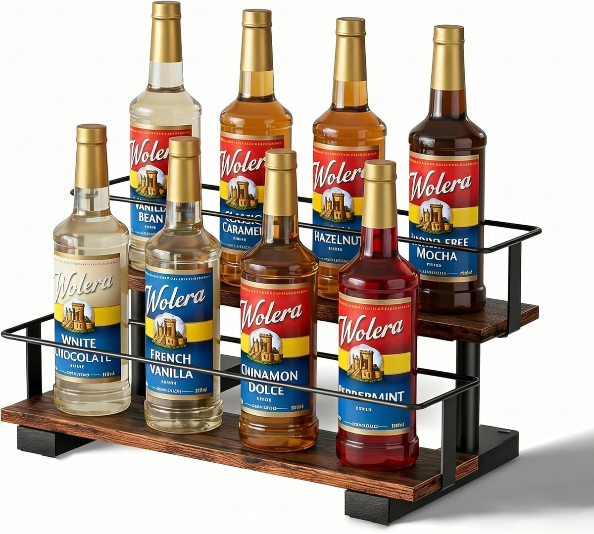 3-Tier Coffee Syrup Organizer Rack – Holds 12 Syrup Bottles, Stepped Display Shelf for Coffee Bar, Liquor Bottles, Spice Jars & Extracts, Space-Saving Kitchen Counter Storage, Rustic Wood & Metal