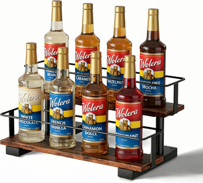 3-Tier Coffee Syrup Organizer Rack – Holds 12 Syrup Bottles, Stepped Display Shelf for Coffee Bar, Liquor Bottles, Spice Jars & Extracts, Space-Saving Kitchen Counter Storage, Rustic Wood & Metal