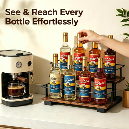 3-Tier Coffee Syrup Organizer Rack – Holds 12 Syrup Bottles, Stepped Display Shelf for Coffee Bar, Liquor Bottles, Spice Jars & Extracts, Space-Saving Kitchen Counter Storage, Rustic Wood & Metal