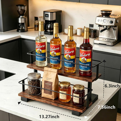 3-Tier Coffee Syrup Organizer Rack – Holds 12 Syrup Bottles, Stepped Display Shelf for Coffee Bar, Liquor Bottles, Spice Jars & Extracts, Space-Saving Kitchen Counter Storage, Rustic Wood & Metal