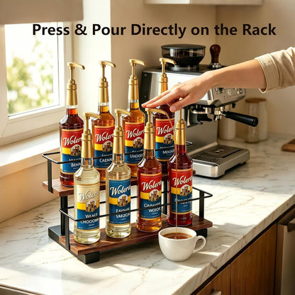 3-Tier Coffee Syrup Organizer Rack – Holds 12 Syrup Bottles, Stepped Display Shelf for Coffee Bar, Liquor Bottles, Spice Jars & Extracts, Space-Saving Kitchen Counter Storage, Rustic Wood & Metal