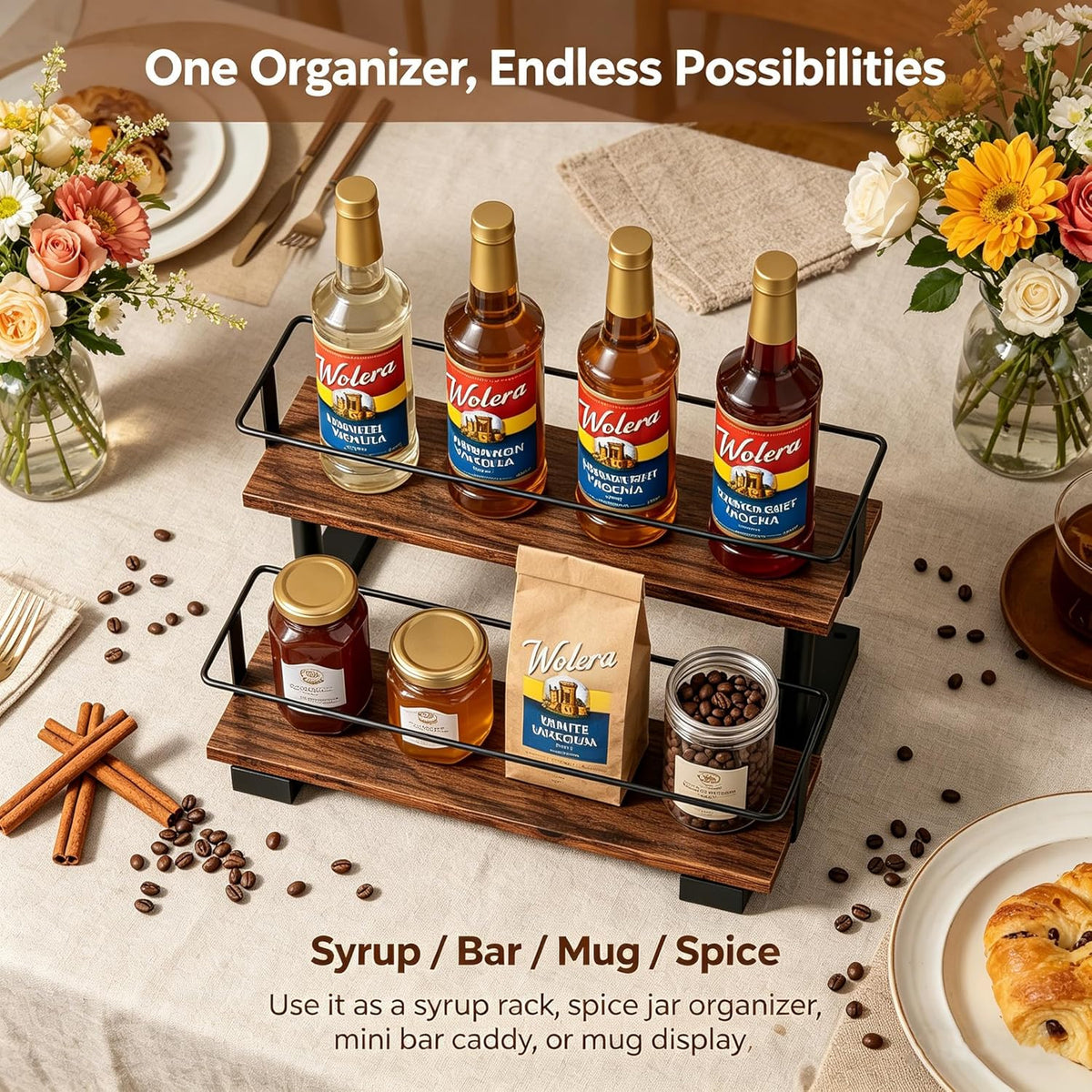 3-Tier Coffee Syrup Organizer Rack – Holds 12 Syrup Bottles, Stepped Display Shelf for Coffee Bar, Liquor Bottles, Spice Jars & Extracts, Space-Saving Kitchen Counter Storage, Rustic Wood & Metal