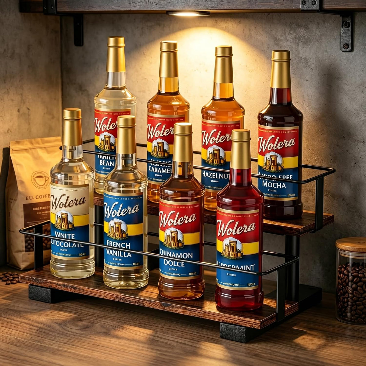 3-Tier Coffee Syrup Organizer Rack – Holds 12 Syrup Bottles, Stepped Display Shelf for Coffee Bar, Liquor Bottles, Spice Jars & Extracts, Space-Saving Kitchen Counter Storage, Rustic Wood & Metal