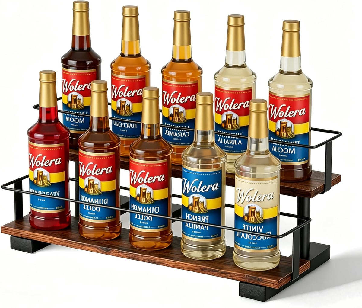 3-Tier Coffee Syrup Organizer Rack – Holds 12 Syrup Bottles, Stepped Display Shelf for Coffee Bar, Liquor Bottles, Spice Jars & Extracts, Space-Saving Kitchen Counter Storage, Rustic Wood & Metal