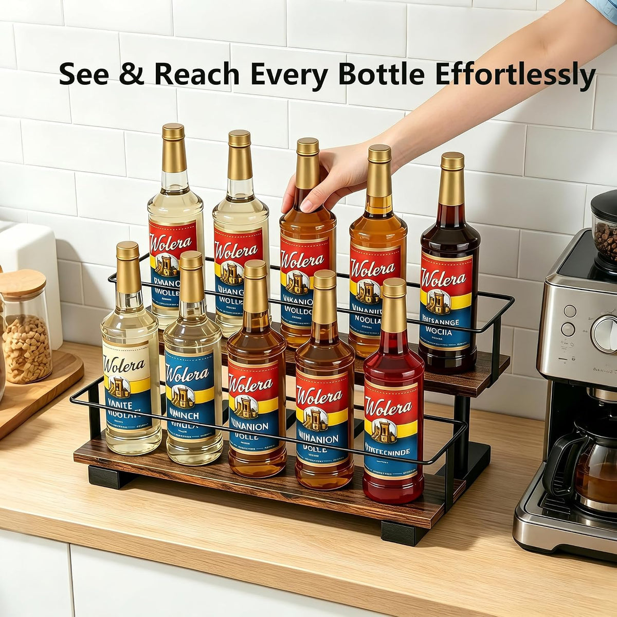 3-Tier Coffee Syrup Organizer Rack – Holds 12 Syrup Bottles, Stepped Display Shelf for Coffee Bar, Liquor Bottles, Spice Jars & Extracts, Space-Saving Kitchen Counter Storage, Rustic Wood & Metal