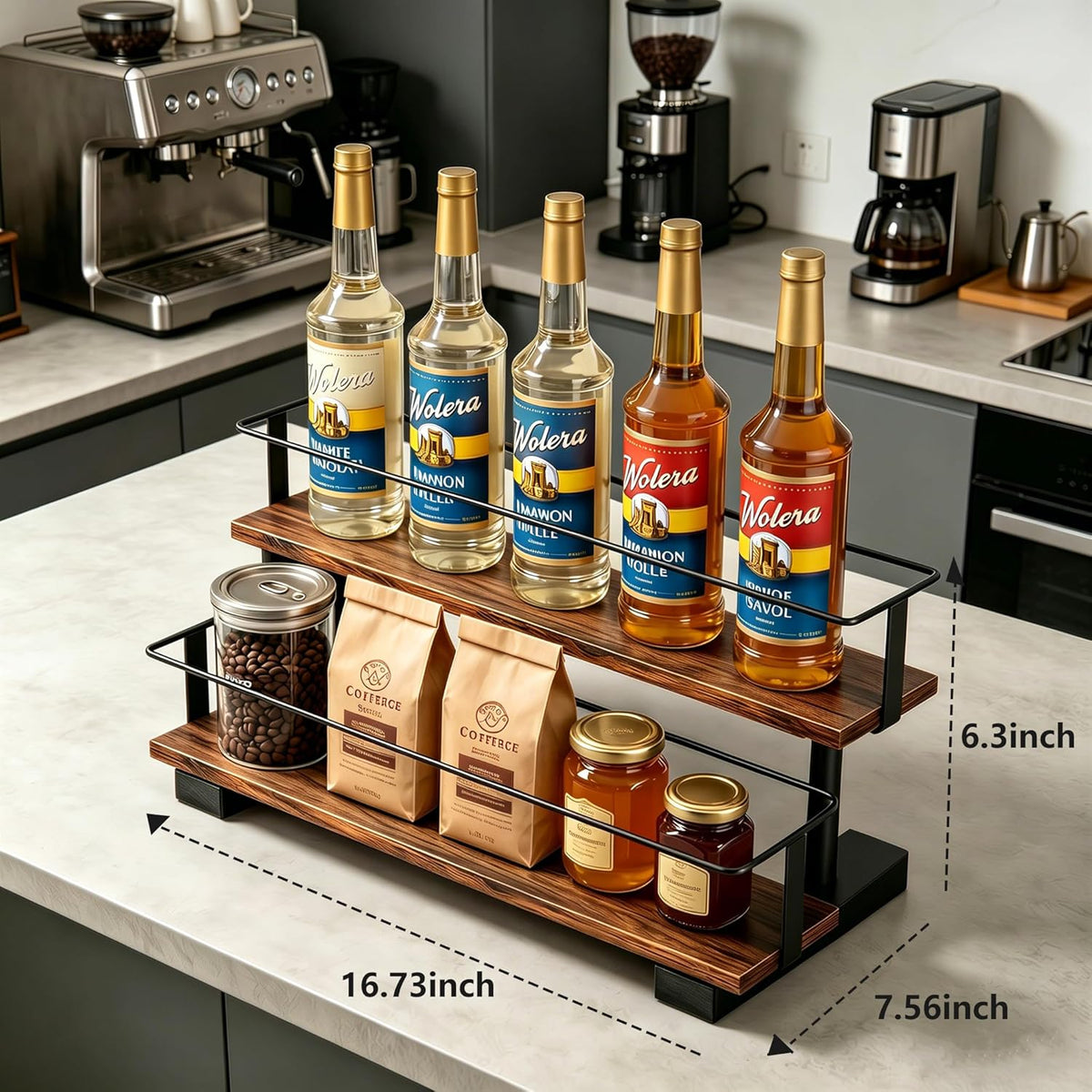 3-Tier Coffee Syrup Organizer Rack – Holds 12 Syrup Bottles, Stepped Display Shelf for Coffee Bar, Liquor Bottles, Spice Jars & Extracts, Space-Saving Kitchen Counter Storage, Rustic Wood & Metal
