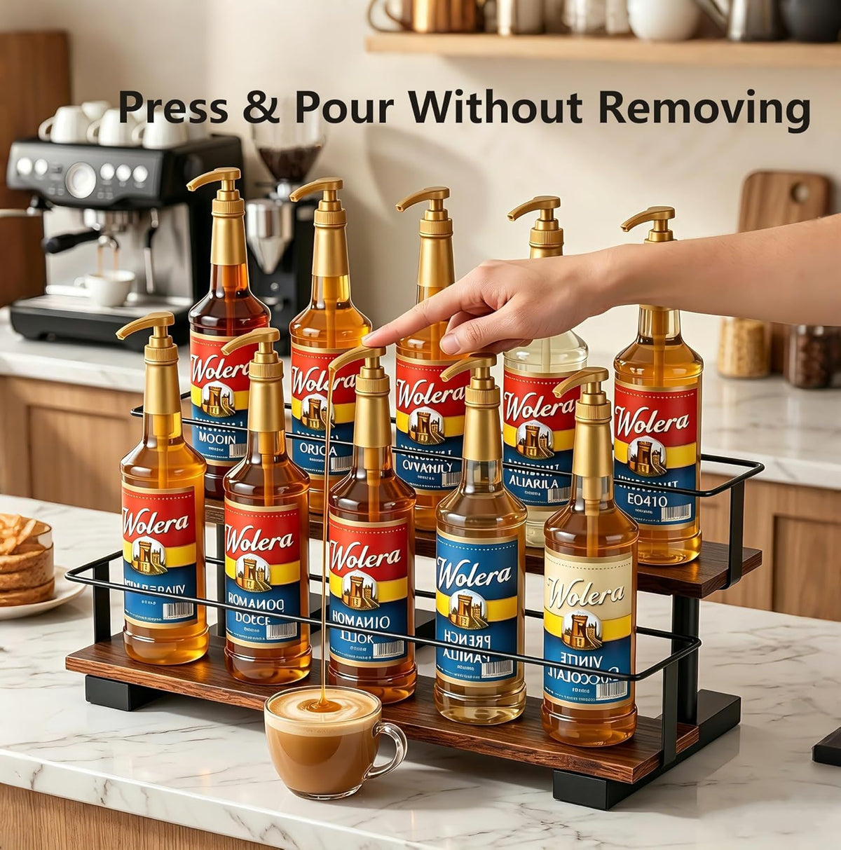 3-Tier Coffee Syrup Organizer Rack – Holds 12 Syrup Bottles, Stepped Display Shelf for Coffee Bar, Liquor Bottles, Spice Jars & Extracts, Space-Saving Kitchen Counter Storage, Rustic Wood & Metal