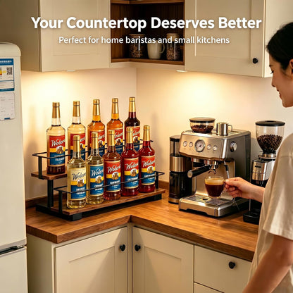 3-Tier Coffee Syrup Organizer Rack – Holds 12 Syrup Bottles, Stepped Display Shelf for Coffee Bar, Liquor Bottles, Spice Jars & Extracts, Space-Saving Kitchen Counter Storage, Rustic Wood & Metal