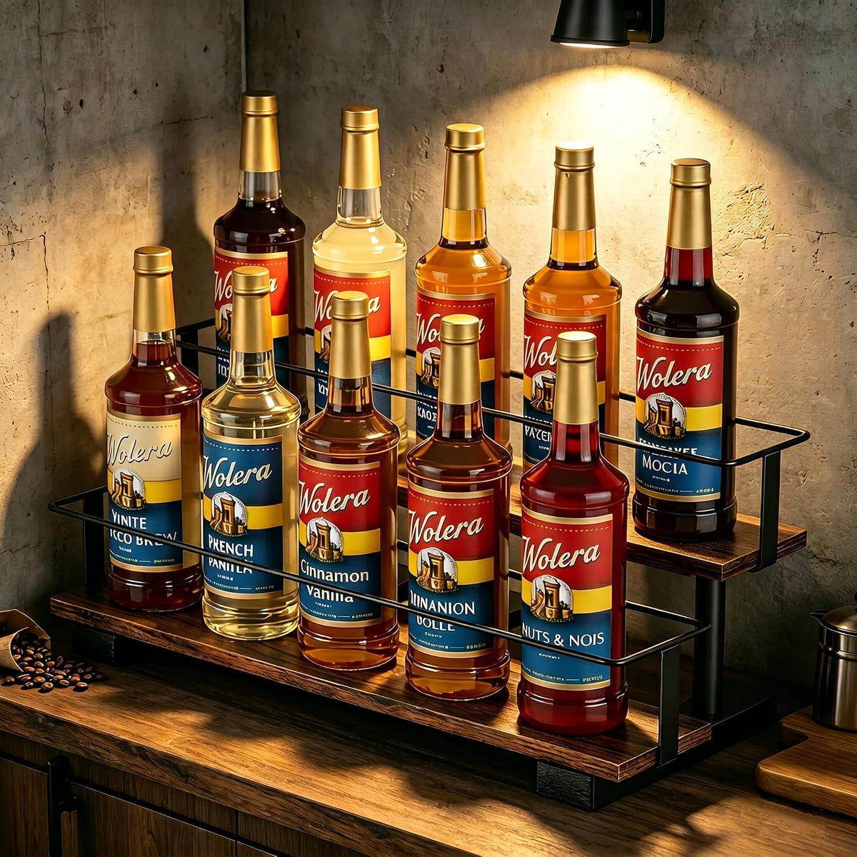 3-Tier Coffee Syrup Organizer Rack – Holds 12 Syrup Bottles, Stepped Display Shelf for Coffee Bar, Liquor Bottles, Spice Jars & Extracts, Space-Saving Kitchen Counter Storage, Rustic Wood & Metal