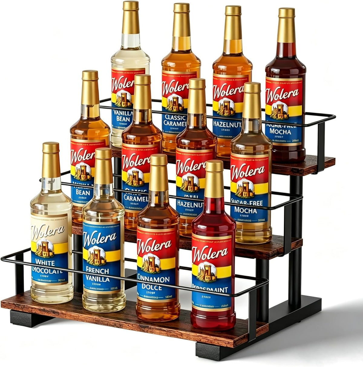 3-Tier Coffee Syrup Organizer Rack – Holds 12 Syrup Bottles, Stepped Display Shelf for Coffee Bar, Liquor Bottles, Spice Jars & Extracts, Space-Saving Kitchen Counter Storage, Rustic Wood & Metal
