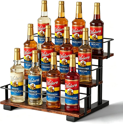 3-Tier Coffee Syrup Organizer Rack – Holds 12 Syrup Bottles, Stepped Display Shelf for Coffee Bar, Liquor Bottles, Spice Jars & Extracts, Space-Saving Kitchen Counter Storage, Rustic Wood & Metal