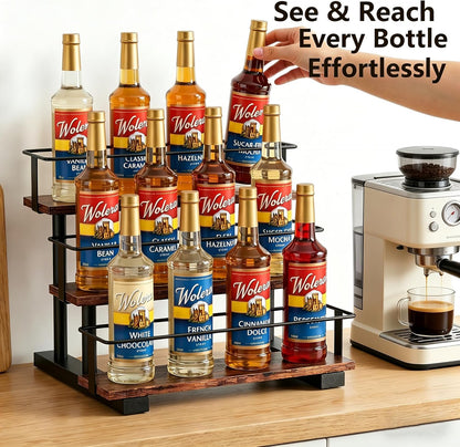 3-Tier Coffee Syrup Organizer Rack – Holds 12 Syrup Bottles, Stepped Display Shelf for Coffee Bar, Liquor Bottles, Spice Jars & Extracts, Space-Saving Kitchen Counter Storage, Rustic Wood & Metal