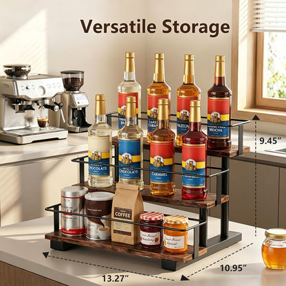 3-Tier Coffee Syrup Organizer Rack – Holds 12 Syrup Bottles, Stepped Display Shelf for Coffee Bar, Liquor Bottles, Spice Jars & Extracts, Space-Saving Kitchen Counter Storage, Rustic Wood & Metal