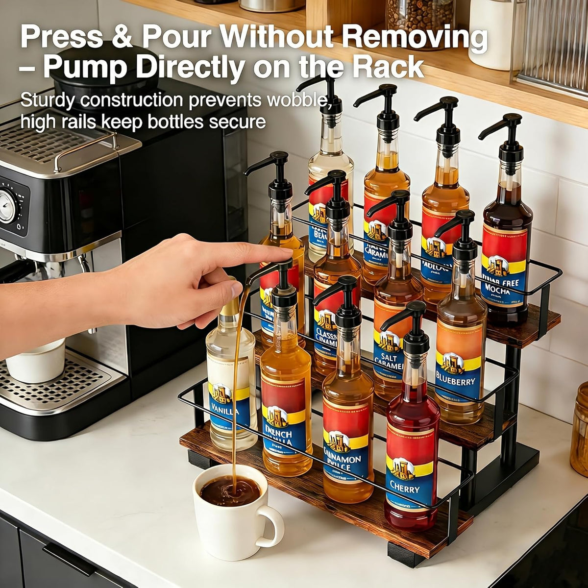 3-Tier Coffee Syrup Organizer Rack – Holds 12 Syrup Bottles, Stepped Display Shelf for Coffee Bar, Liquor Bottles, Spice Jars & Extracts, Space-Saving Kitchen Counter Storage, Rustic Wood & Metal