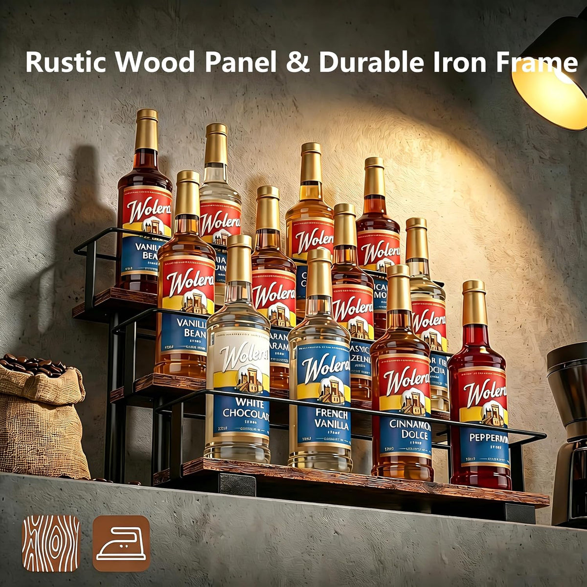 3-Tier Coffee Syrup Organizer Rack – Holds 12 Syrup Bottles, Stepped Display Shelf for Coffee Bar, Liquor Bottles, Spice Jars & Extracts, Space-Saving Kitchen Counter Storage, Rustic Wood & Metal