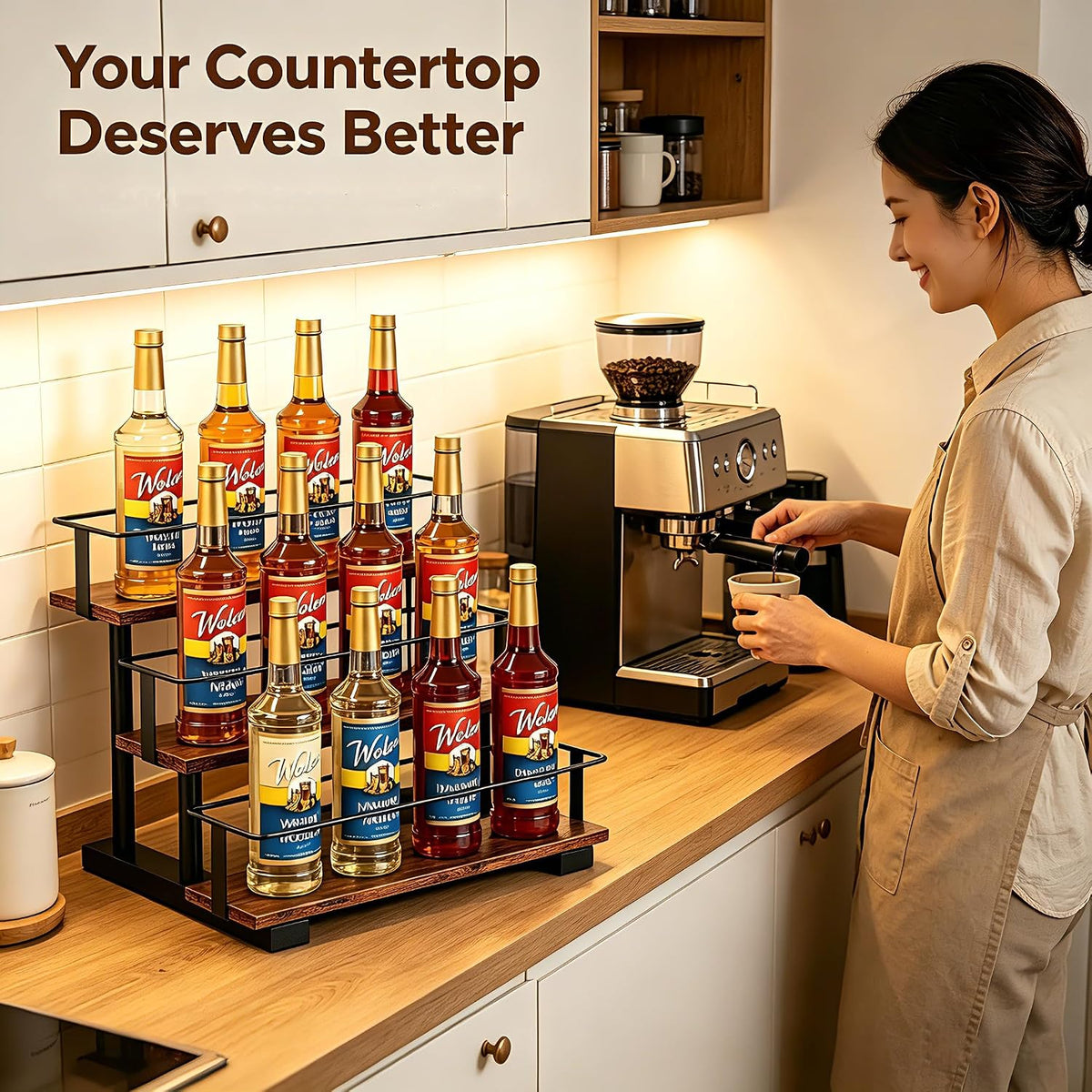 3-Tier Coffee Syrup Organizer Rack – Holds 12 Syrup Bottles, Stepped Display Shelf for Coffee Bar, Liquor Bottles, Spice Jars & Extracts, Space-Saving Kitchen Counter Storage, Rustic Wood & Metal
