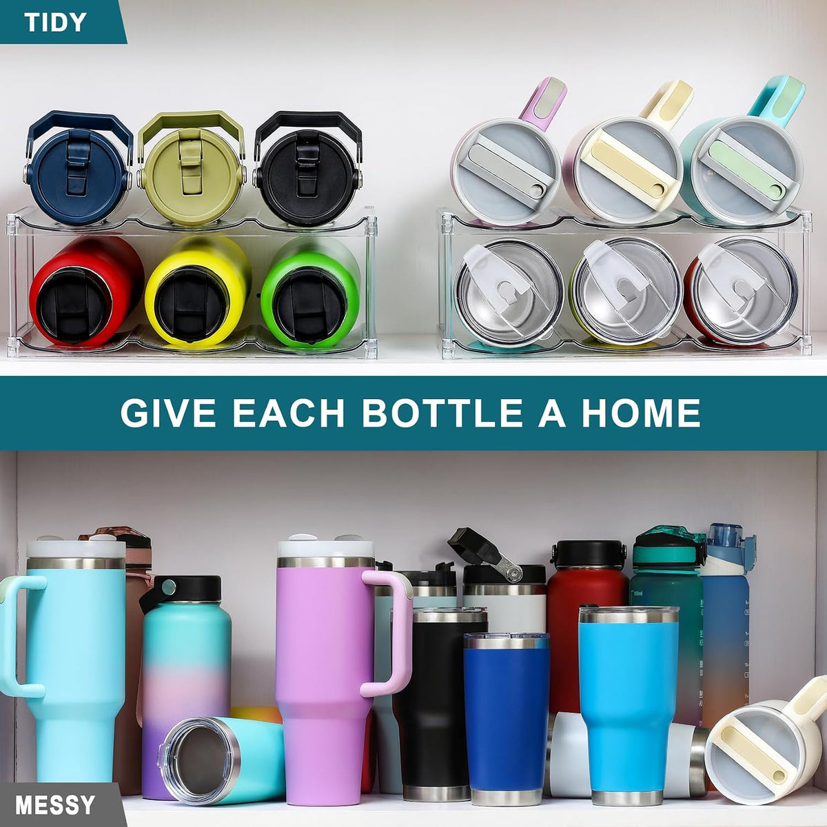 LARGER Compartment - Stackable Water Bottle Organizer Holder - for Stanley & Others' Large Tumbler - Clear Wine Rack, Cup Bottle Holder for Cabinet Home Countertop Fridge Pantry Shelf, 3 Tier Hold 9